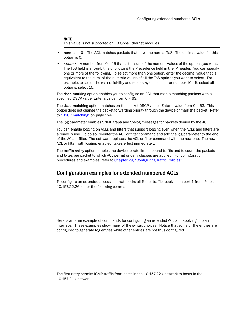 Configuration examples for extended numbered acls | Brocade TurboIron 24X Series Configuration Guide User Manual | Page 943 / 1116