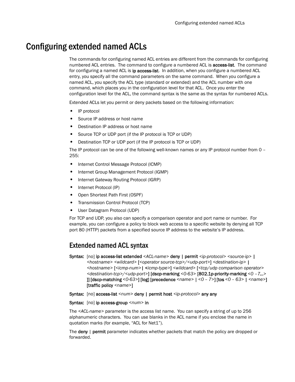 Configuring extended named acls, Extended named acl syntax | Brocade TurboIron 24X Series Configuration Guide User Manual | Page 945 / 1116