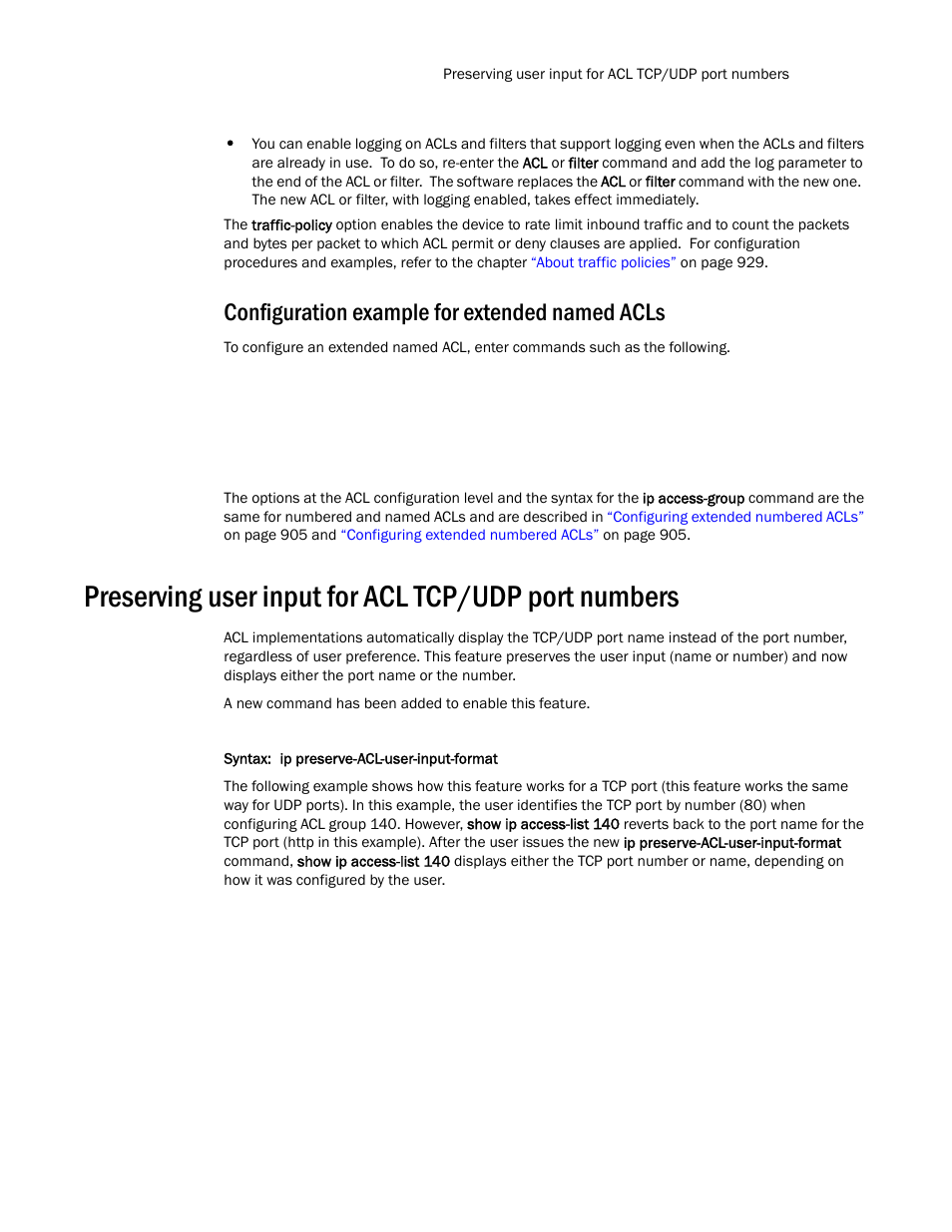 Configuration example for extended named acls, Preserving user input for acl tcp/udp port numbers | Brocade TurboIron 24X Series Configuration Guide User Manual | Page 949 / 1116