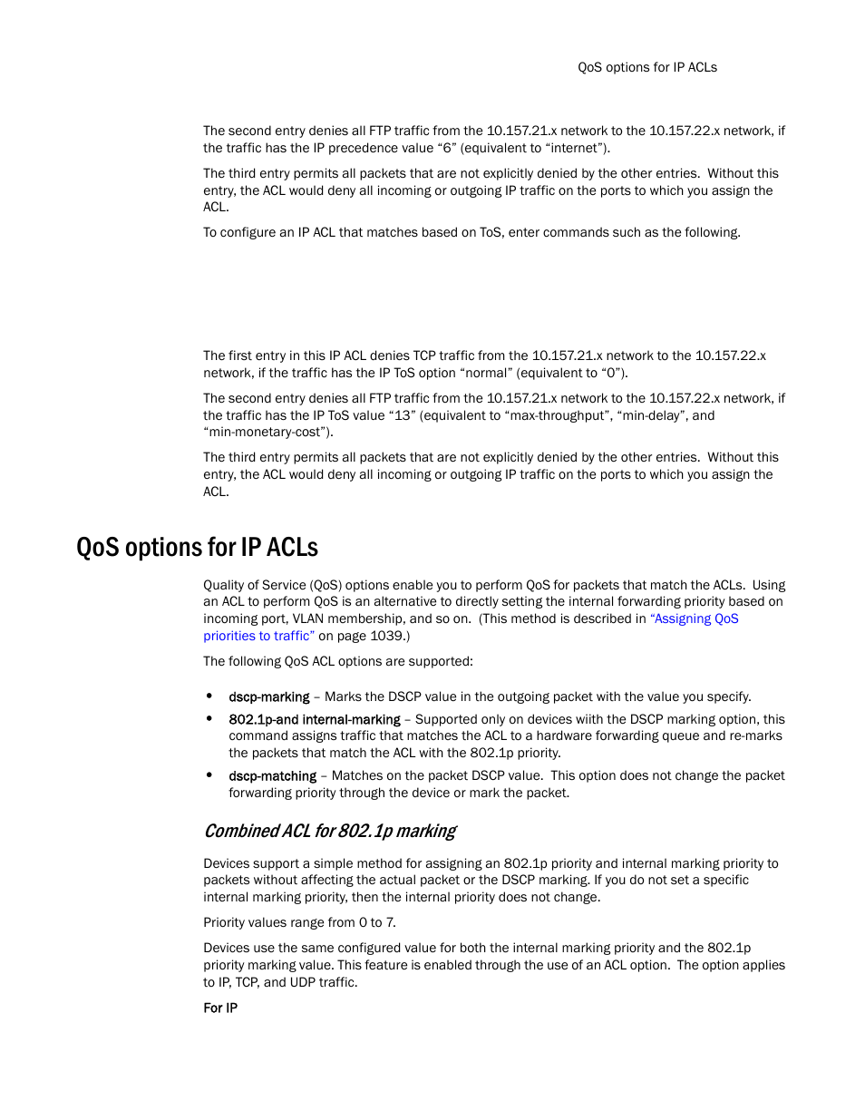 Qos options for ip acls, Combined acl for 802.1p marking | Brocade TurboIron 24X Series Configuration Guide User Manual | Page 957 / 1116