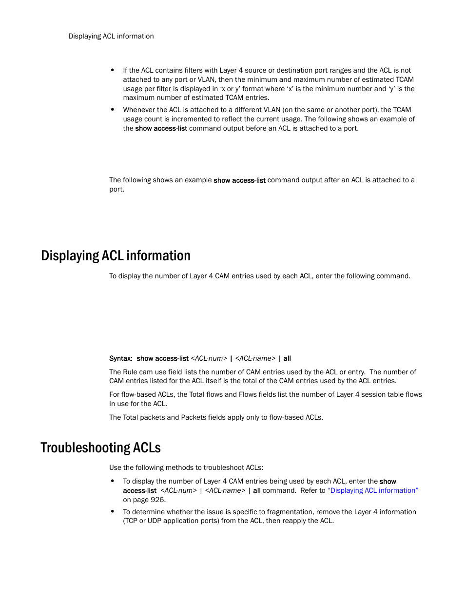 Displaying acl information, Troubleshooting acls | Brocade TurboIron 24X Series Configuration Guide User Manual | Page 960 / 1116