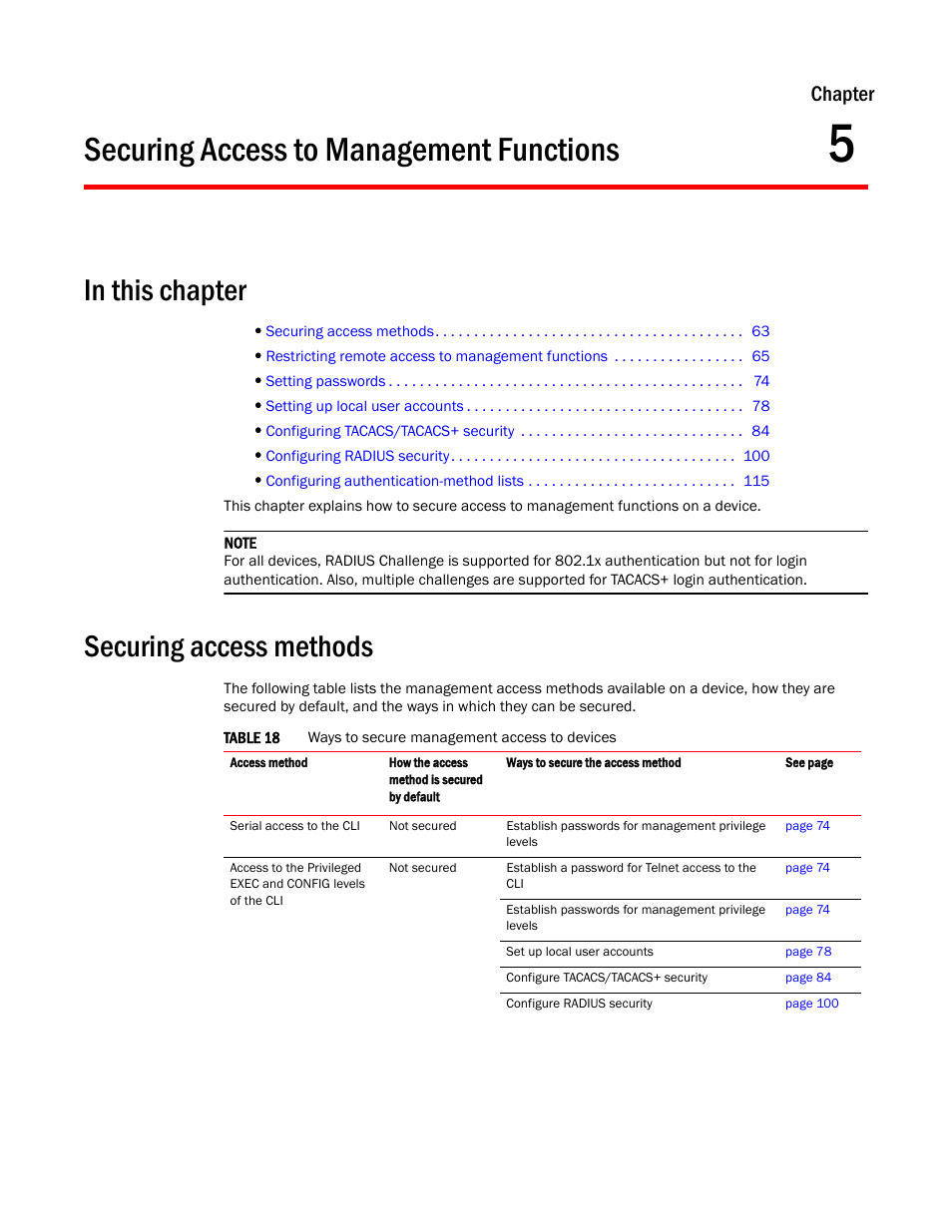 Securing access to management functions, Securing access methods, Chapter 5 | Chapter | Brocade TurboIron 24X Series Configuration Guide User Manual | Page 97 / 1116