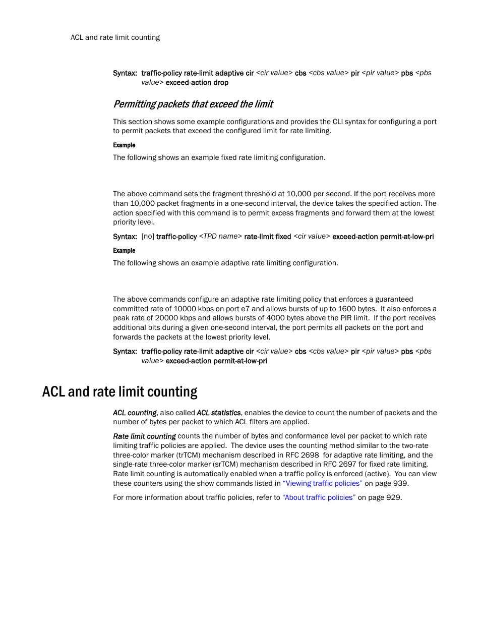 Acl and rate limit counting, Acl and, Rate limit counting | Permitting packets that exceed the limit | Brocade TurboIron 24X Series Configuration Guide User Manual | Page 970 / 1116