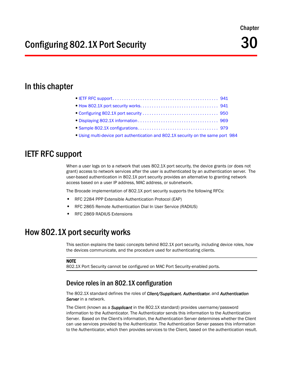 Configuring 802.1x port security, Ietf rfc support, How 802.1x port security works | Device roles in an 802.1x configuration, Chapter 30 | Brocade TurboIron 24X Series Configuration Guide User Manual | Page 975 / 1116