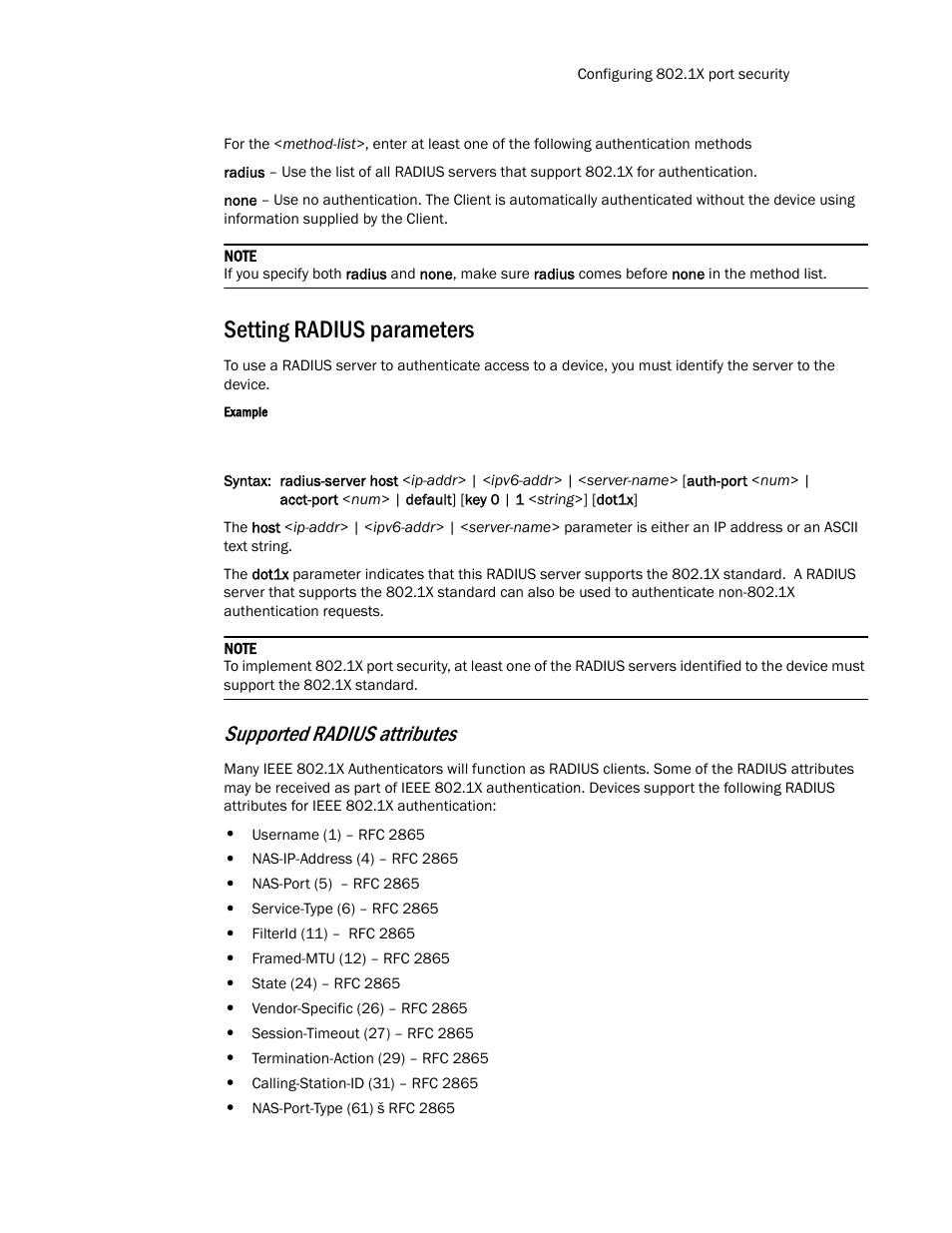 Setting radius parameters, Supported radius attributes | Brocade TurboIron 24X Series Configuration Guide User Manual | Page 985 / 1116