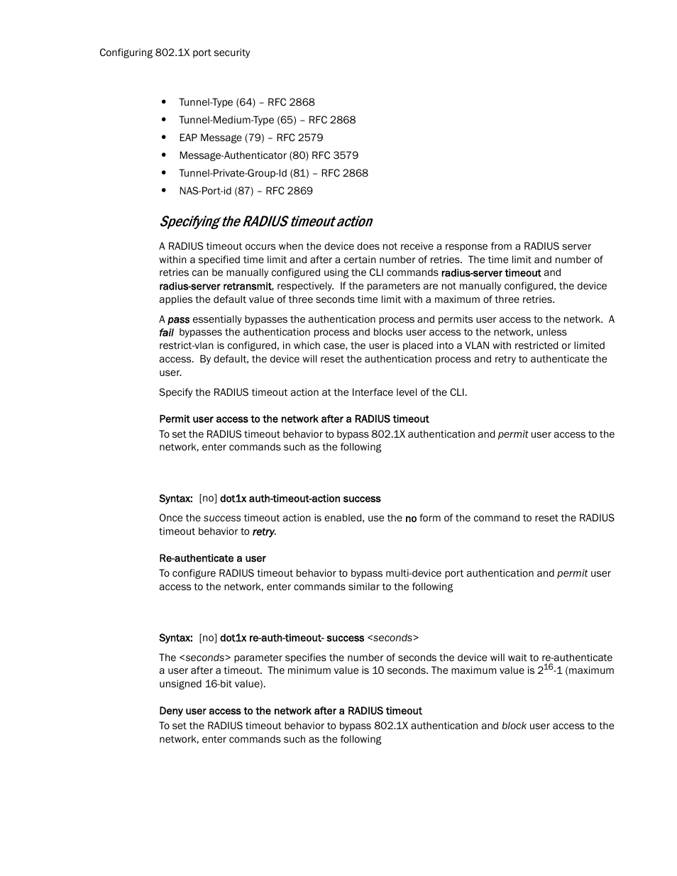 Specifying the radius timeout action | Brocade TurboIron 24X Series Configuration Guide User Manual | Page 986 / 1116