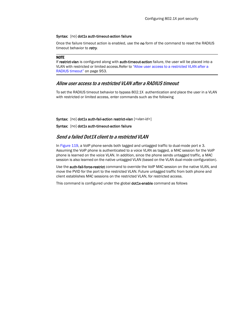 Send a failed dot1x client to a restricted vlan | Brocade TurboIron 24X Series Configuration Guide User Manual | Page 987 / 1116