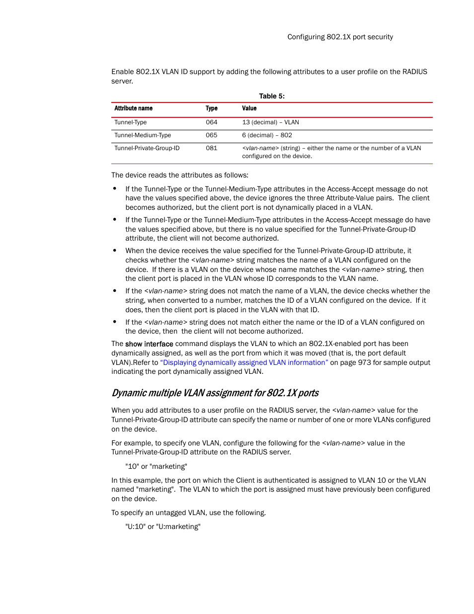 Dynamic multiple vlan, Assignment for 802.1x ports, Dynamic multiple vlan assignment for 802.1x ports | Brocade TurboIron 24X Series Configuration Guide User Manual | Page 989 / 1116