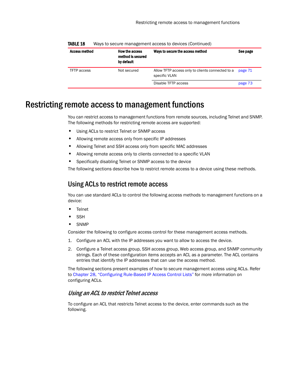 Restricting remote access to management functions, Using acls to restrict remote access, Using an acl to restrict telnet access | Brocade TurboIron 24X Series Configuration Guide User Manual | Page 99 / 1116