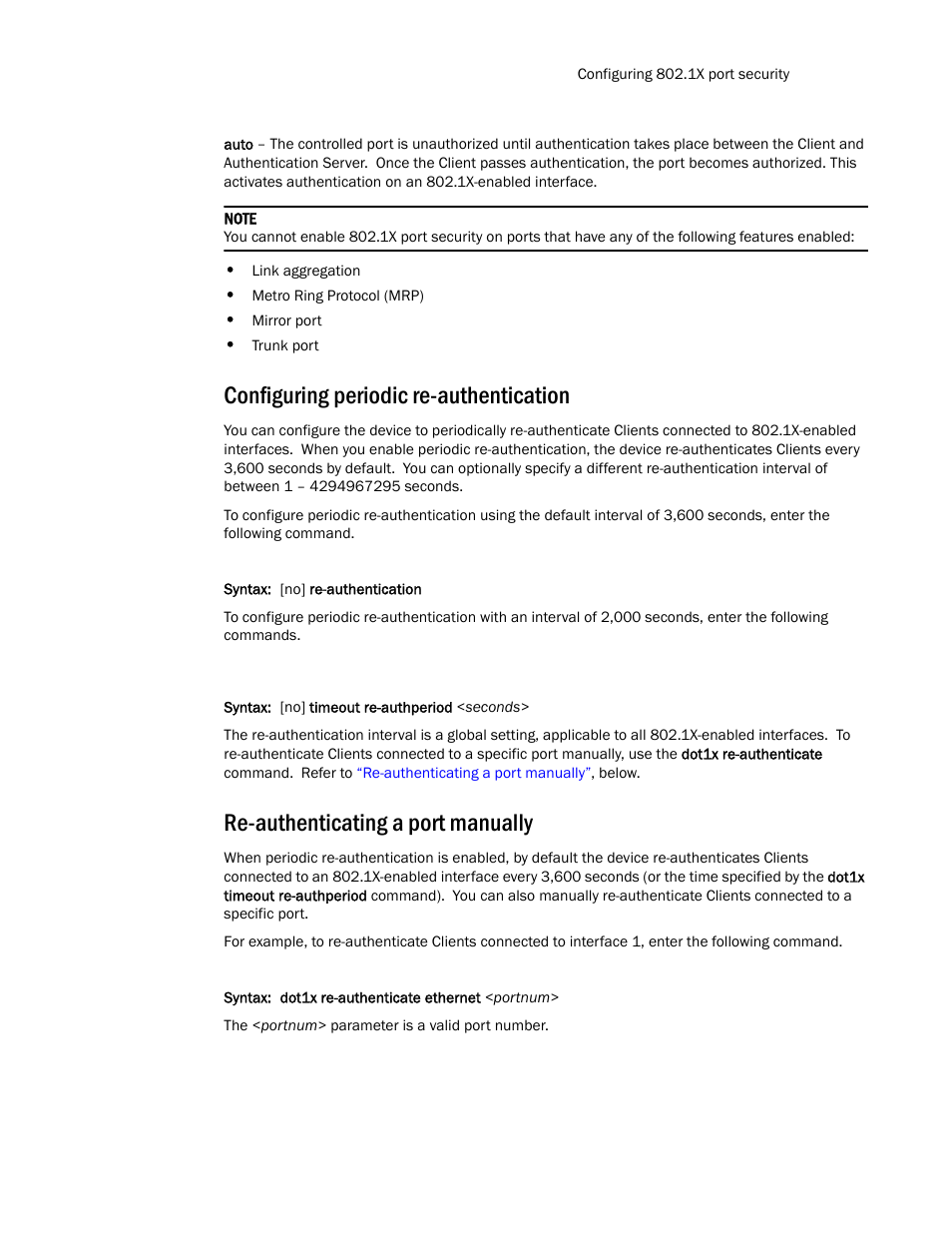 Configuring periodic re-authentication, Re-authenticating a port manually | Brocade TurboIron 24X Series Configuration Guide User Manual | Page 997 / 1116