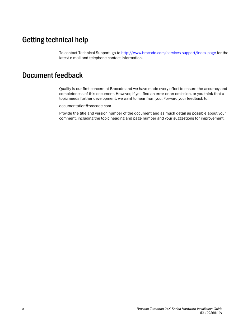 Getting technical help, Document feedback | Brocade TurboIron 24X Series Hardware Installation Guide User Manual | Page 10 / 84