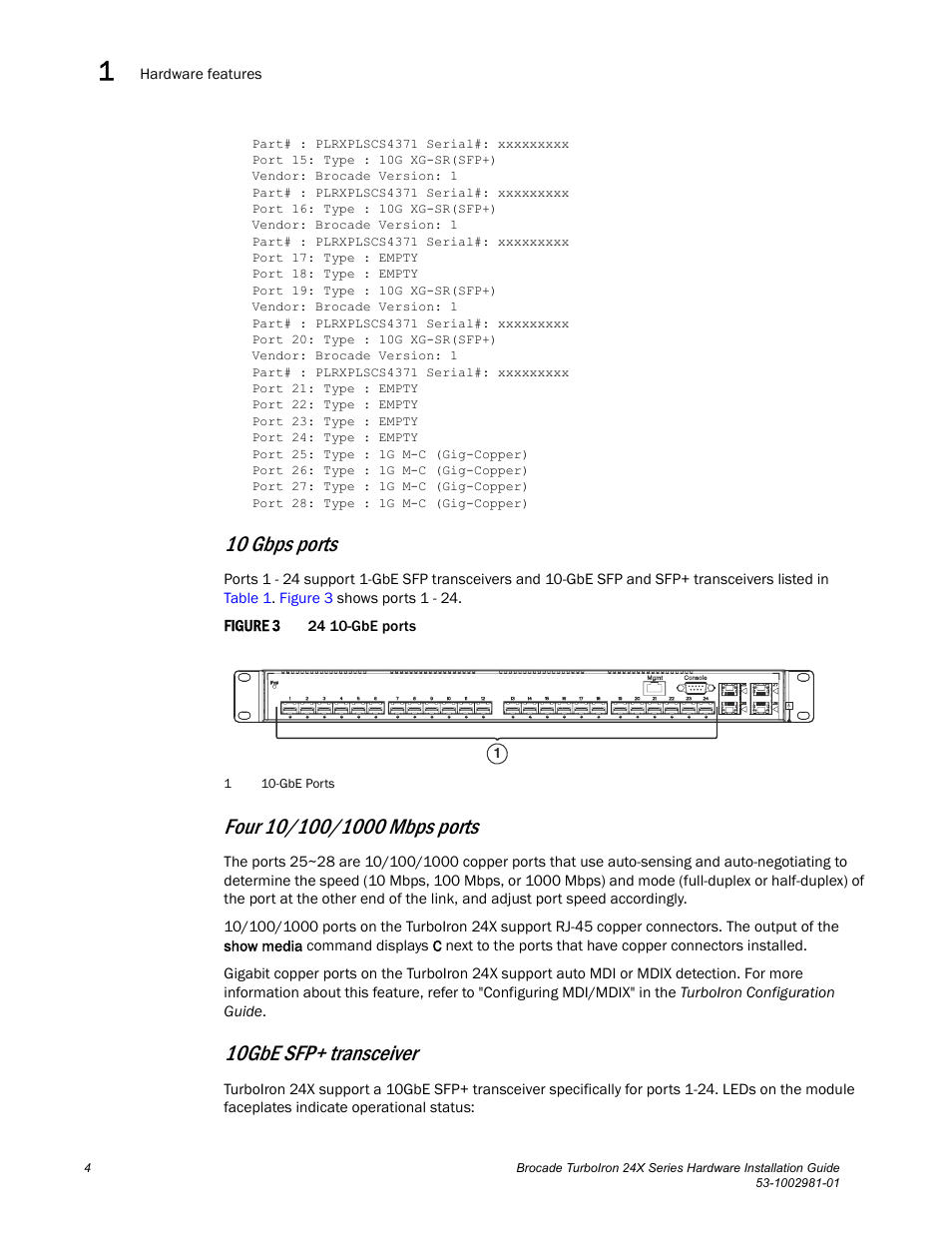 10 gbps ports, 10gbe sfp+ transceiver | Brocade TurboIron 24X Series Hardware Installation Guide User Manual | Page 14 / 84