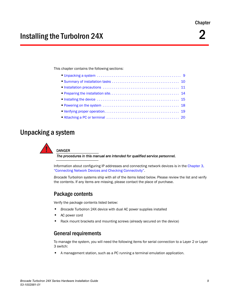 Installing the turboiron 24x, Unpacking a system, Package contents | General requirements, Chapter 2, Package contents general requirements | Brocade TurboIron 24X Series Hardware Installation Guide User Manual | Page 19 / 84