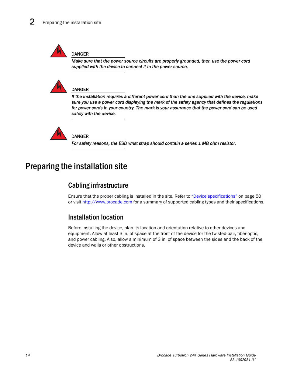 Preparing the installation site, Cabling infrastructure, Installation location | Brocade TurboIron 24X Series Hardware Installation Guide User Manual | Page 24 / 84