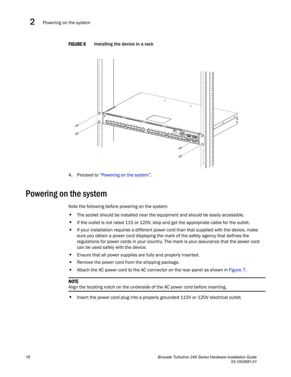 Powering on the system | Brocade TurboIron 24X Series Hardware Installation Guide User Manual | Page 28 / 84