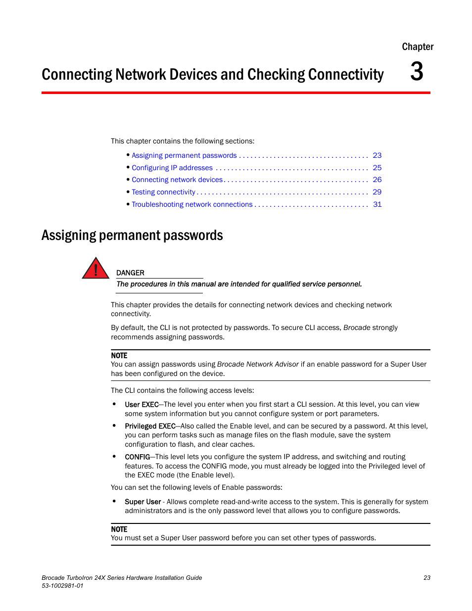 Assigning permanent passwords, Chapter 3, Vices is in the | Brocade TurboIron 24X Series Hardware Installation Guide User Manual | Page 33 / 84