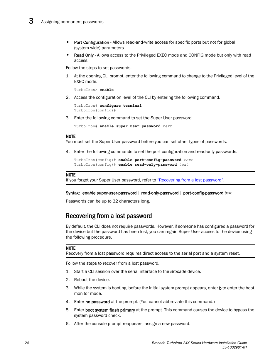 Recovering from a lost password | Brocade TurboIron 24X Series Hardware Installation Guide User Manual | Page 34 / 84