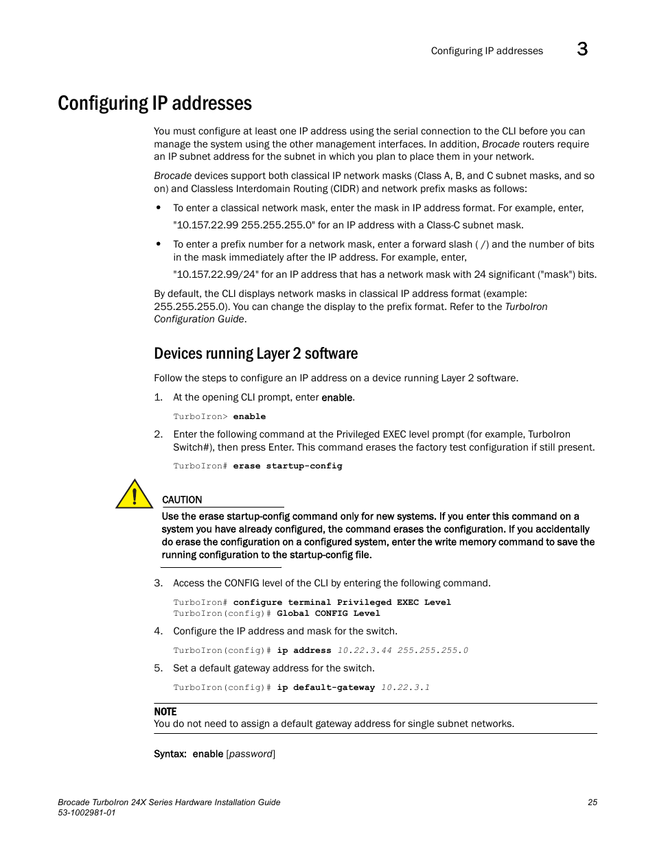 Configuring ip addresses, Devices running layer 2 software | Brocade TurboIron 24X Series Hardware Installation Guide User Manual | Page 35 / 84