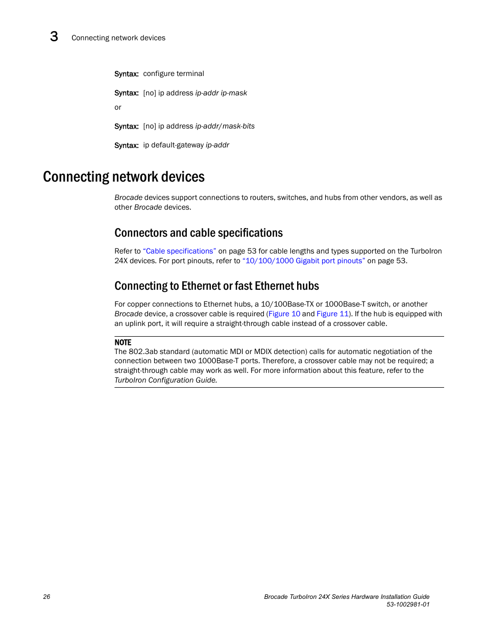 Connecting network devices, Connectors and cable specifications, Connecting to ethernet or fast ethernet hubs | Brocade TurboIron 24X Series Hardware Installation Guide User Manual | Page 36 / 84