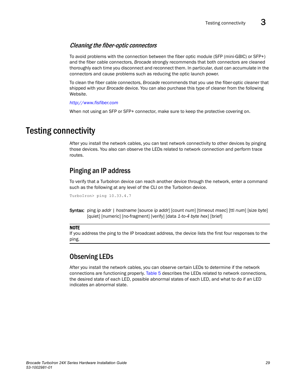 Testing connectivity, Pinging an ip address, Observing leds | Cleaning the, Fiber-optic connectors, Cleaning the fiber-optic connectors | Brocade TurboIron 24X Series Hardware Installation Guide User Manual | Page 39 / 84