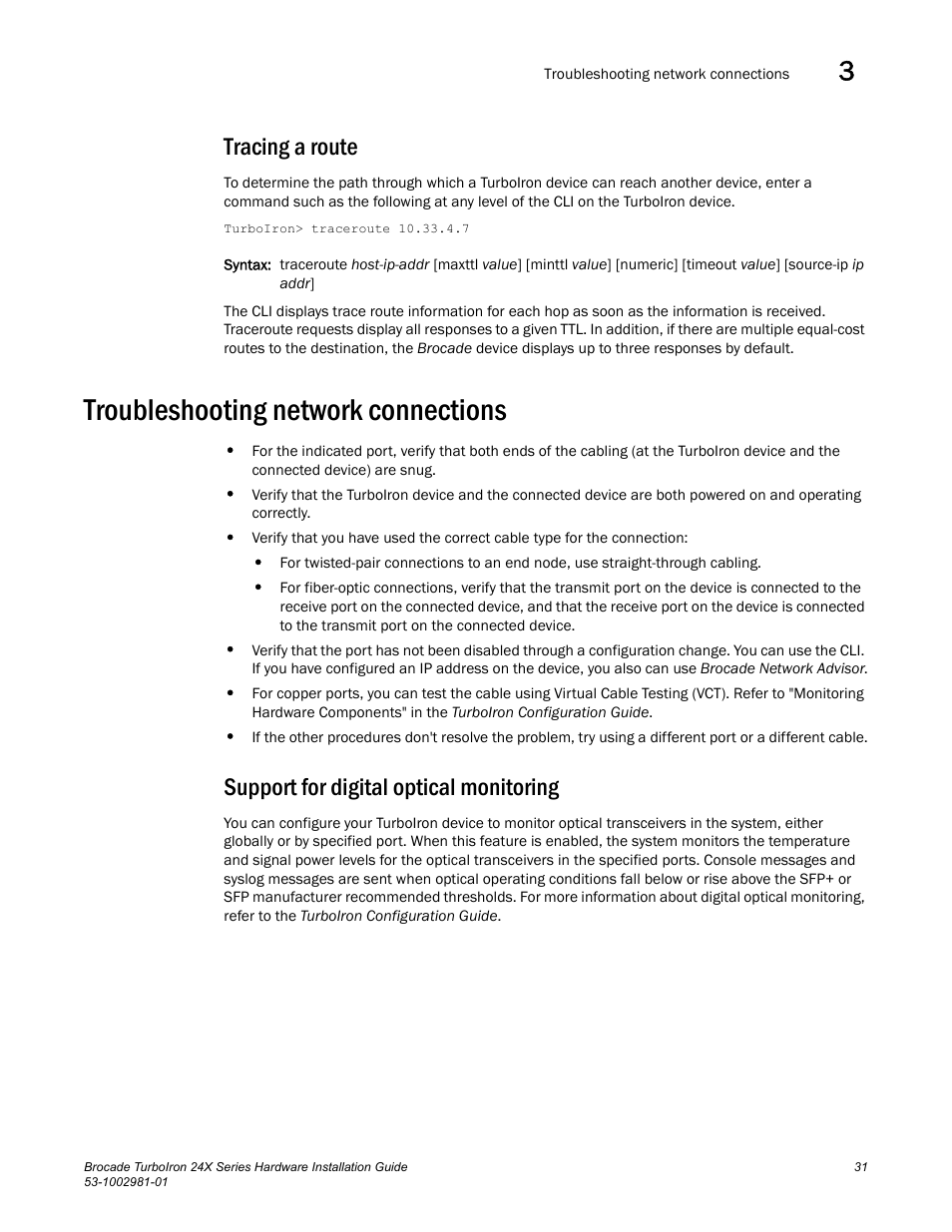 Tracing a route, Troubleshooting network connections, Support for digital optical monitoring | Brocade TurboIron 24X Series Hardware Installation Guide User Manual | Page 41 / 84