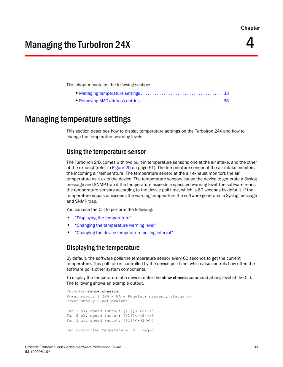 Managing the turboiron 24x, Managing temperature settings, Using the temperature sensor | Displaying the temperature, Chapter 4 | Brocade TurboIron 24X Series Hardware Installation Guide User Manual | Page 43 / 84