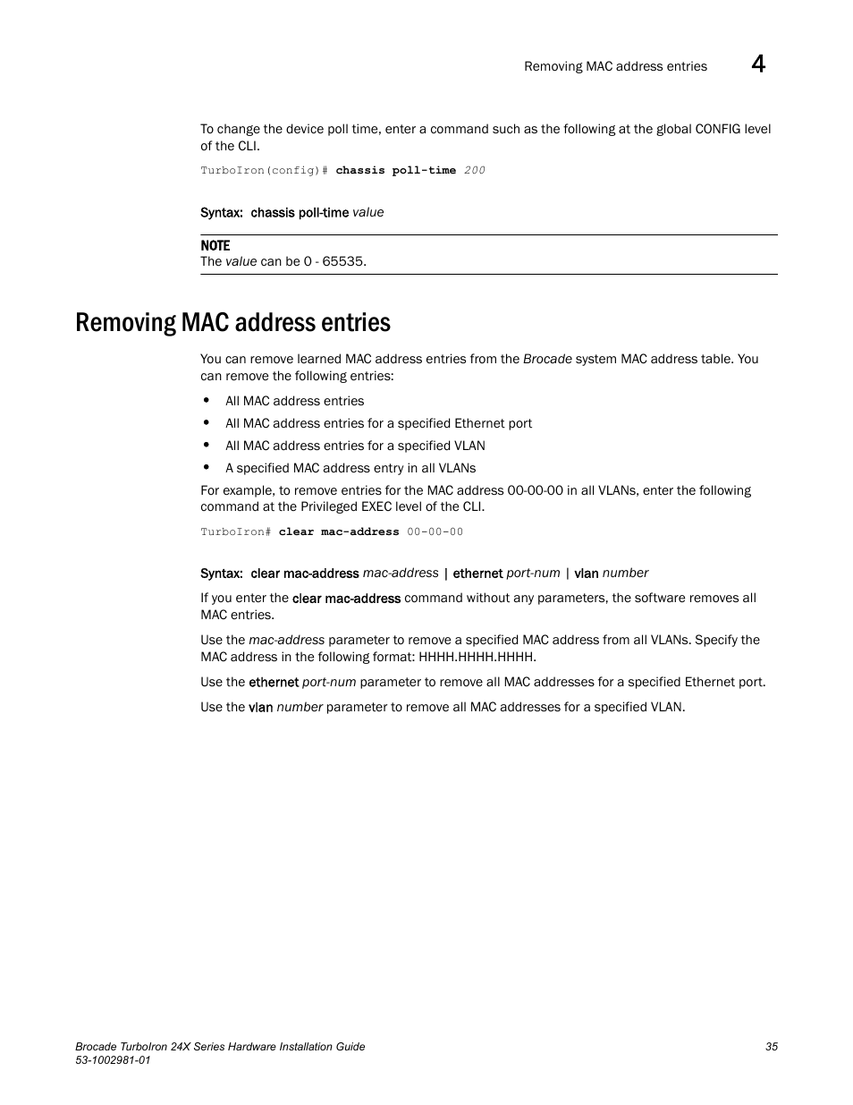 Removing mac address entries | Brocade TurboIron 24X Series Hardware Installation Guide User Manual | Page 45 / 84