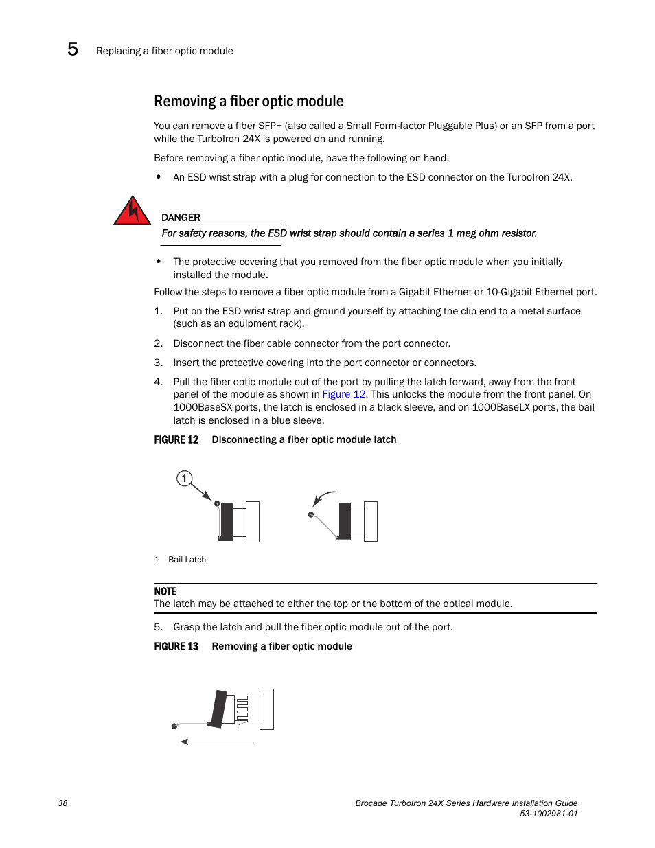 Removing a fiber optic module | Brocade TurboIron 24X Series Hardware Installation Guide User Manual | Page 48 / 84