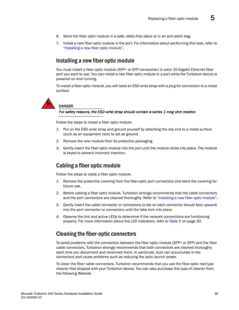 Installing a new fiber optic module, Cabling a fiber optic module, Cleaning the fiber-optic connectors | Brocade TurboIron 24X Series Hardware Installation Guide User Manual | Page 49 / 84