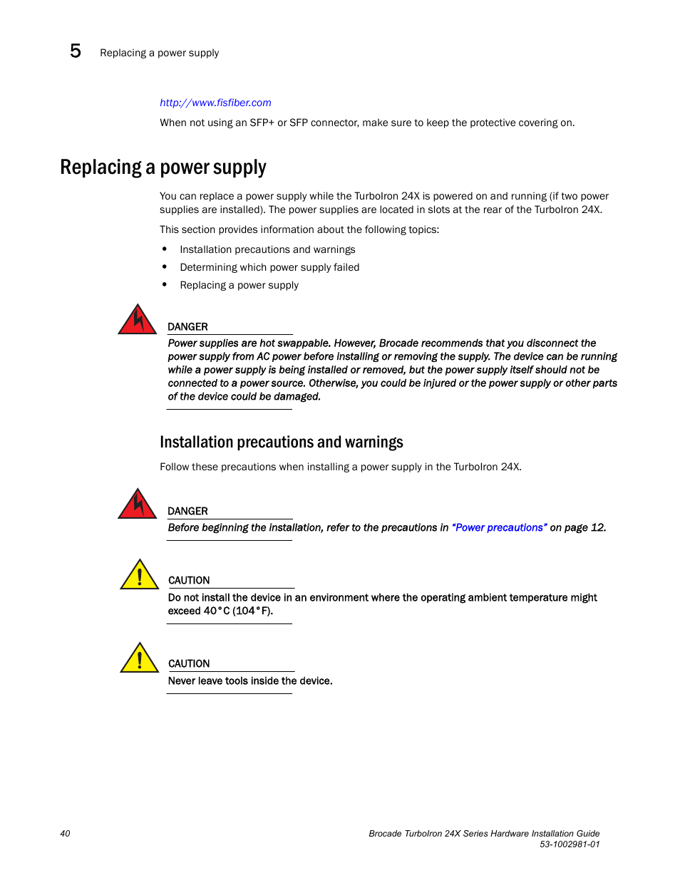 Replacing a power supply, Installation precautions and warnings | Brocade TurboIron 24X Series Hardware Installation Guide User Manual | Page 50 / 84