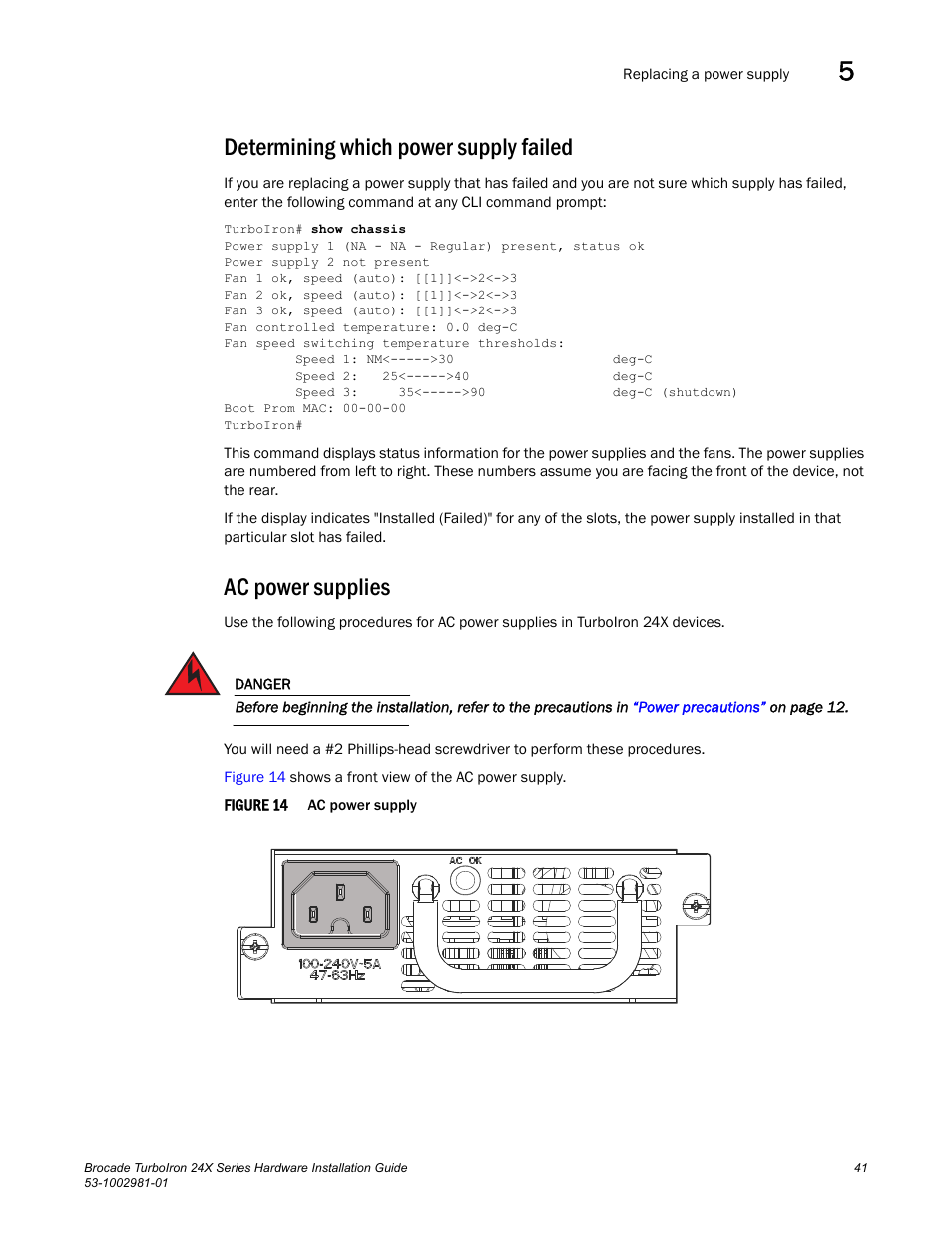 Determining which power supply failed, Ac power supplies | Brocade TurboIron 24X Series Hardware Installation Guide User Manual | Page 51 / 84