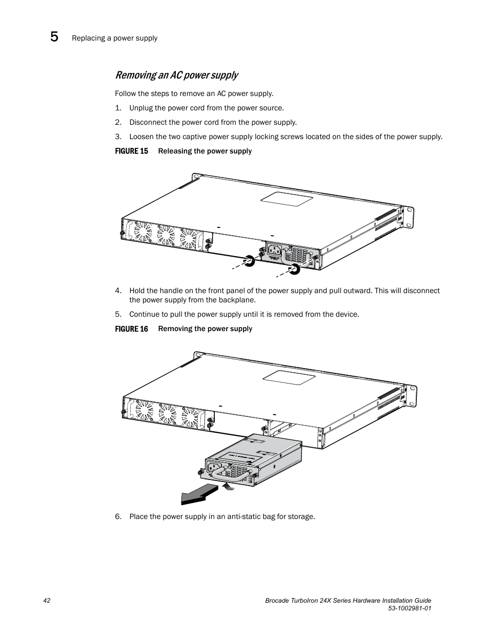 Removing an ac power supply | Brocade TurboIron 24X Series Hardware Installation Guide User Manual | Page 52 / 84