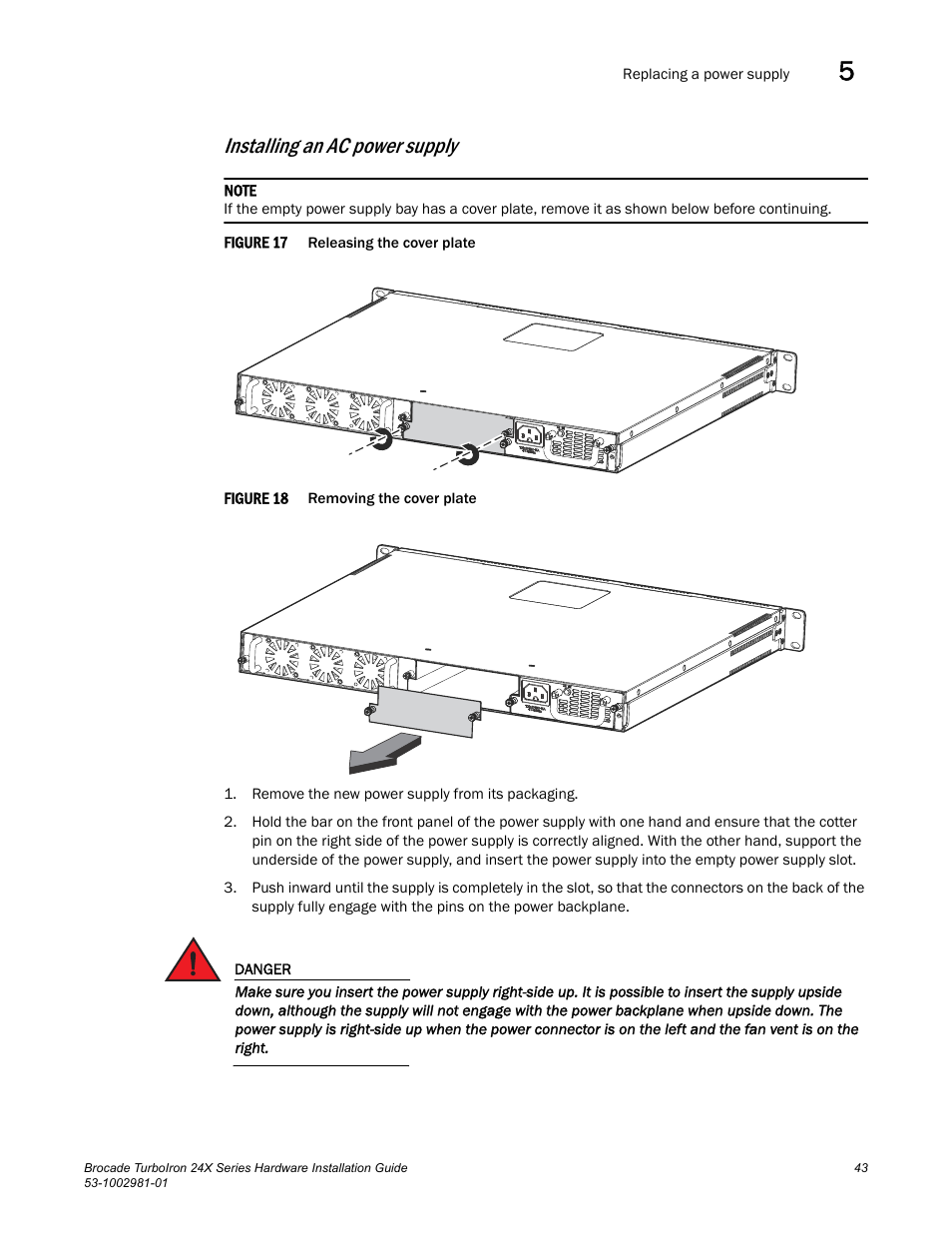 Installing an ac power supply | Brocade TurboIron 24X Series Hardware Installation Guide User Manual | Page 53 / 84