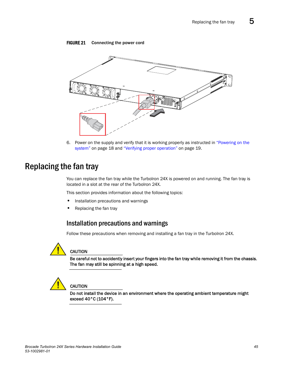 Replacing the fan tray, Installation precautions and warnings | Brocade TurboIron 24X Series Hardware Installation Guide User Manual | Page 55 / 84