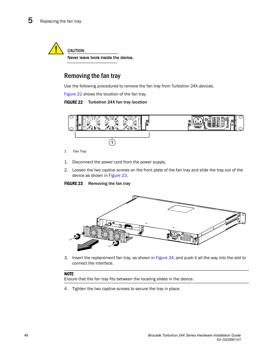 Removing the fan tray | Brocade TurboIron 24X Series Hardware Installation Guide User Manual | Page 56 / 84