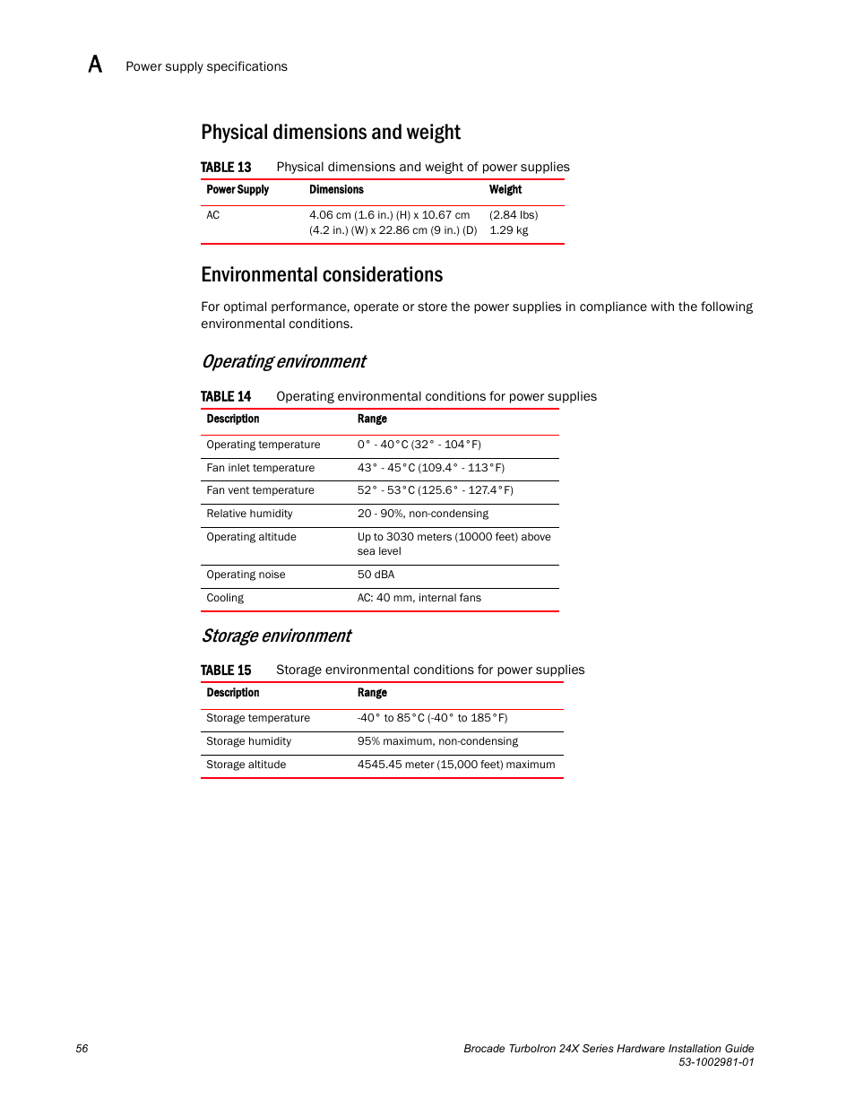 Physical dimensions and weight, Environmental considerations, Operating environment storage environment | Brocade TurboIron 24X Series Hardware Installation Guide User Manual | Page 66 / 84