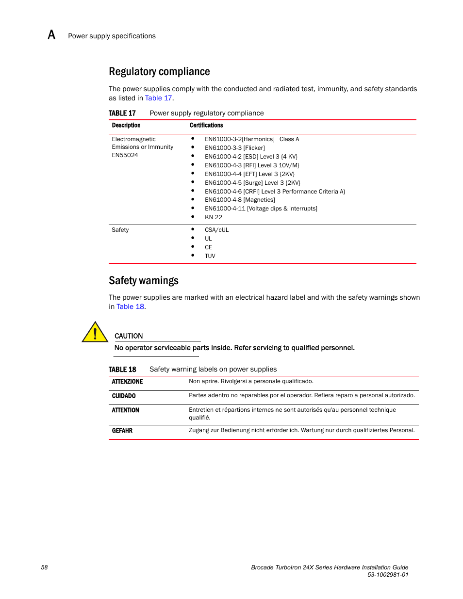 Regulatory compliance, Safety warnings | Brocade TurboIron 24X Series Hardware Installation Guide User Manual | Page 68 / 84