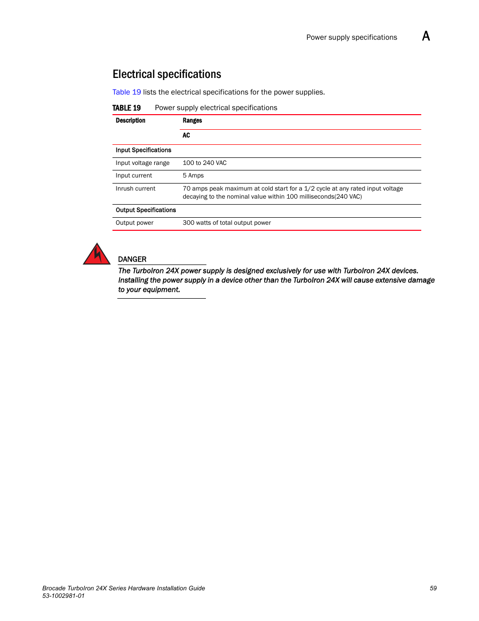 Electrical specifications | Brocade TurboIron 24X Series Hardware Installation Guide User Manual | Page 69 / 84