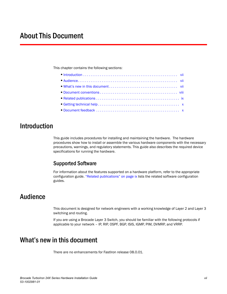 About this document, Introduction, Supported software | Audience, What’s new in this document | Brocade TurboIron 24X Series Hardware Installation Guide User Manual | Page 7 / 84