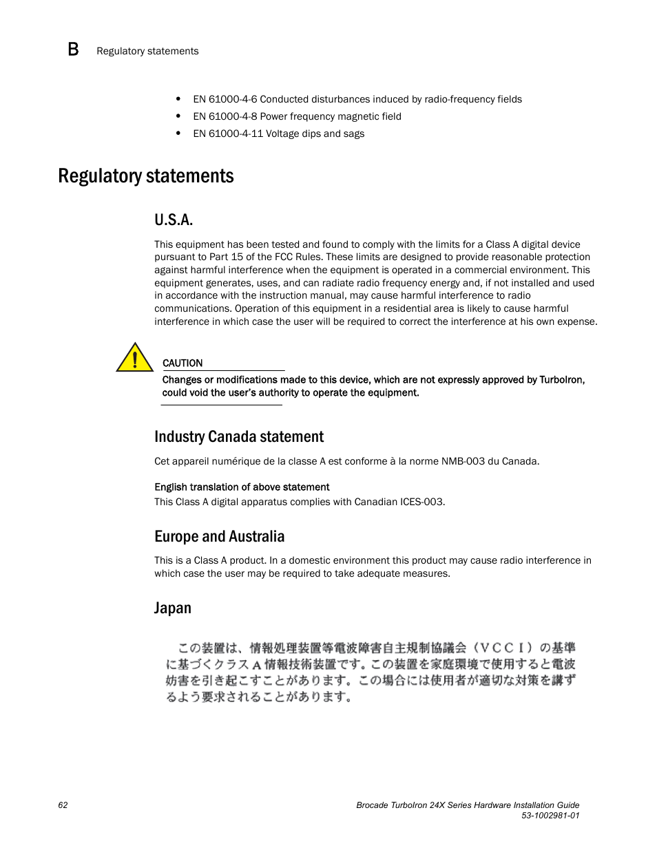 Regulatory statements, U.s.a, Industry canada statement | Europe and australia, Japan | Brocade TurboIron 24X Series Hardware Installation Guide User Manual | Page 72 / 84