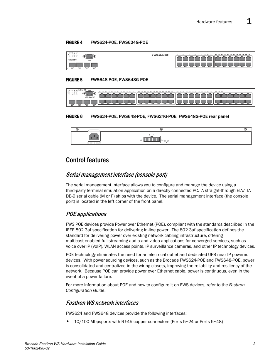 Control features, Serial management interface (console port), Poe applications | Fastiron ws network interfaces | Brocade FastIron WS Hardware Installation Guide User Manual | Page 13 / 74