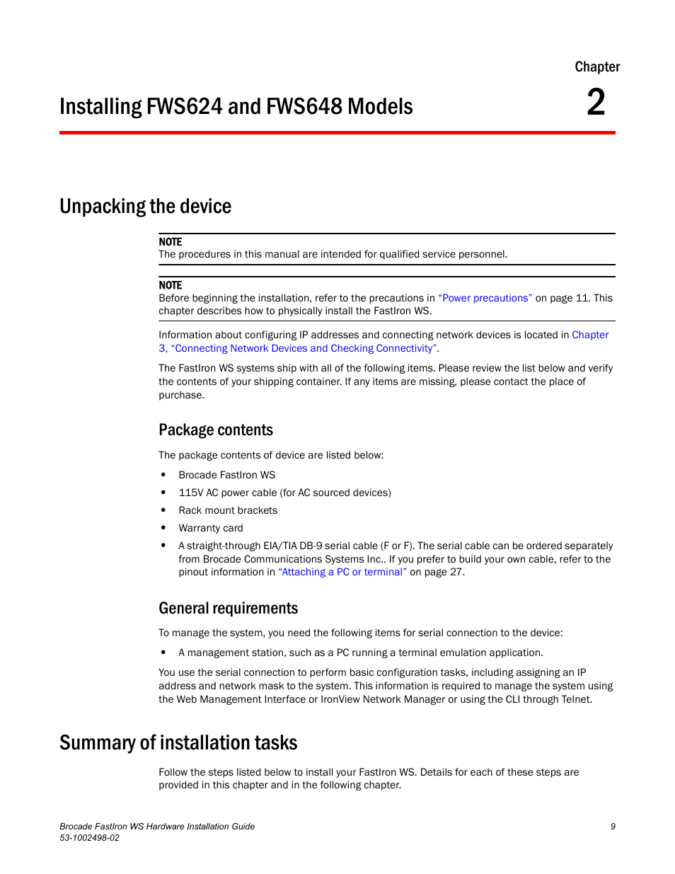Installing fws624 and fws648 models, Unpacking the device, Package contents | General requirements, Summary of installation tasks, Chapter 2, Package contents general requirements | Brocade FastIron WS Hardware Installation Guide User Manual | Page 19 / 74