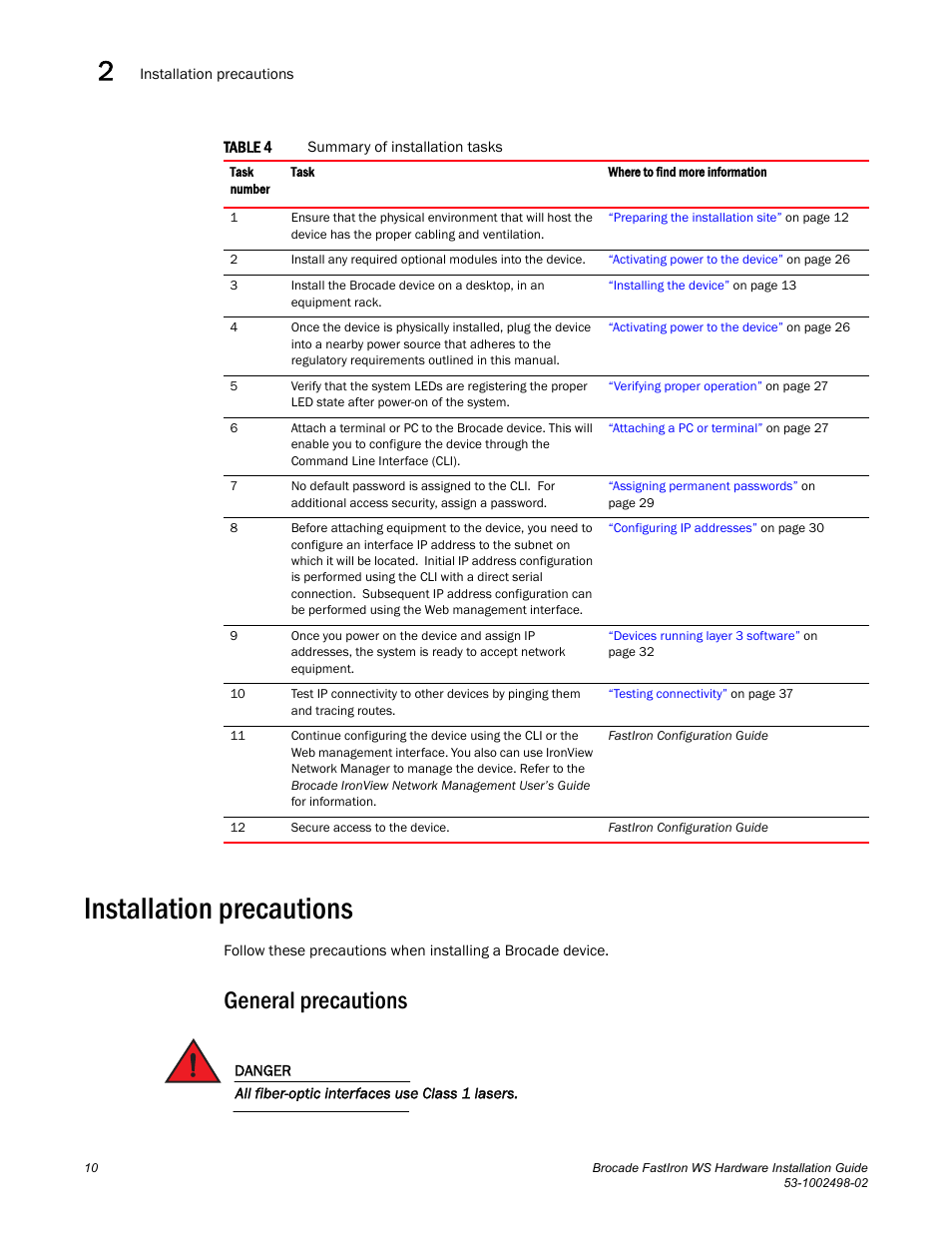 Installation precautions, General precautions | Brocade FastIron WS Hardware Installation Guide User Manual | Page 20 / 74