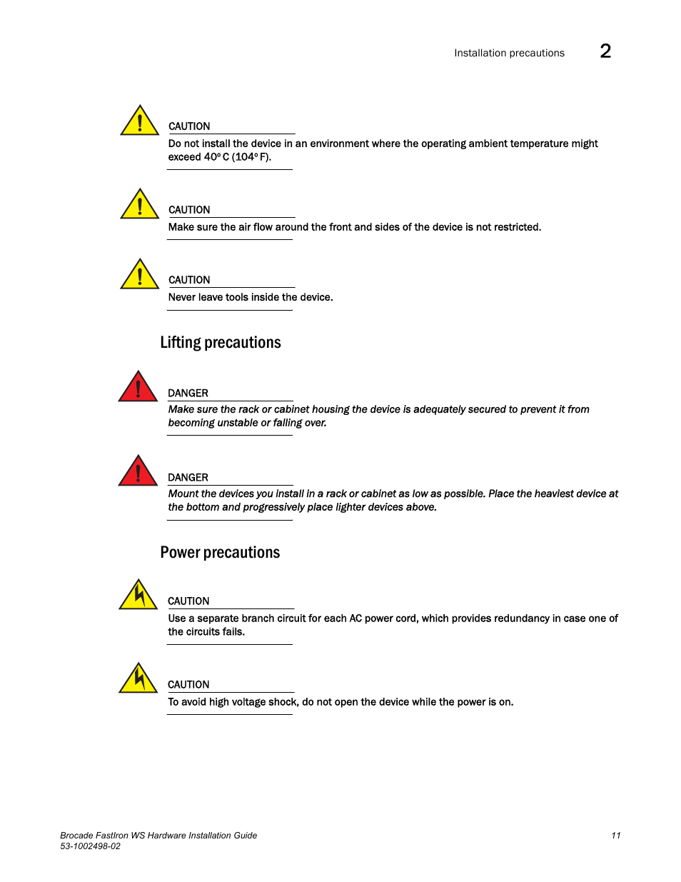Lifting precautions, Power precautions, Ecautions in | Brocade FastIron WS Hardware Installation Guide User Manual | Page 21 / 74