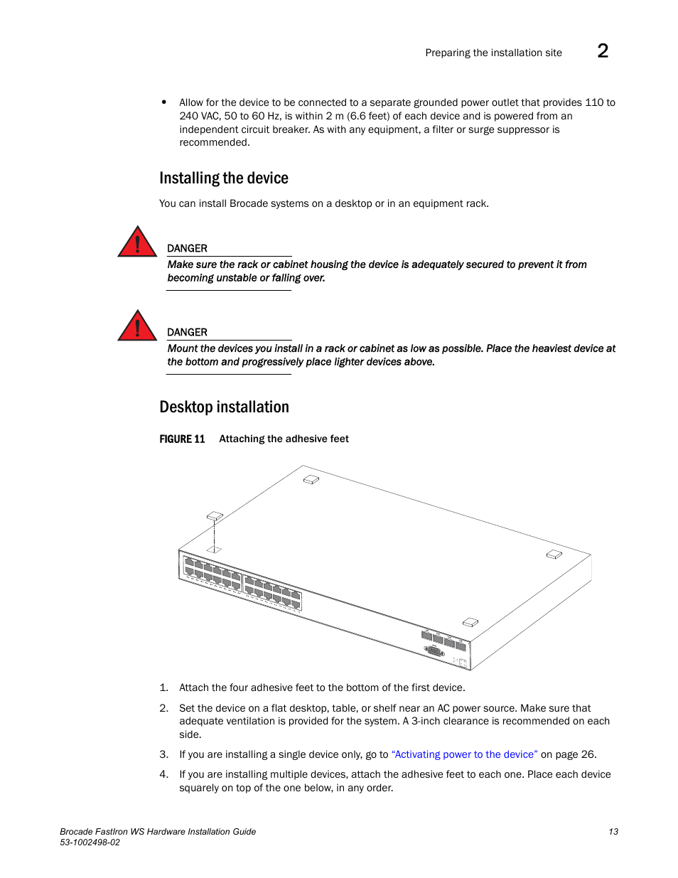 Installing the device, Desktop installation | Brocade FastIron WS Hardware Installation Guide User Manual | Page 23 / 74