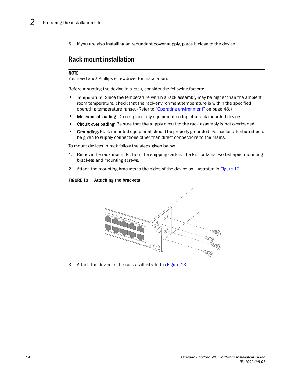 Rack mount installation | Brocade FastIron WS Hardware Installation Guide User Manual | Page 24 / 74