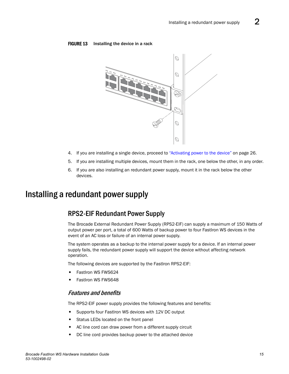Installing a redundant power supply, Rps2-eif redundant power supply, Figure 13 | Features and benefits | Brocade FastIron WS Hardware Installation Guide User Manual | Page 25 / 74