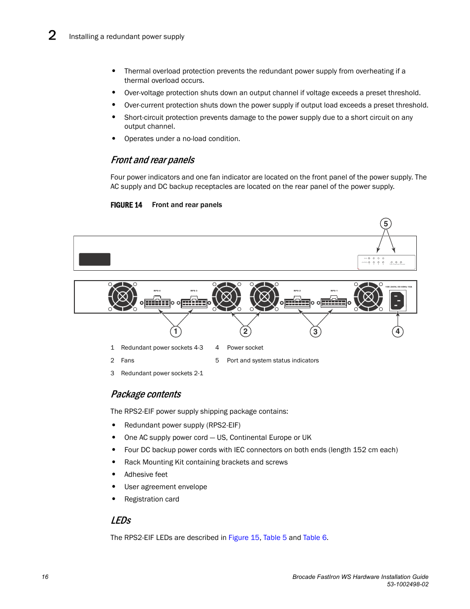 Front and rear panels, Package contents, Leds | Brocade FastIron WS Hardware Installation Guide User Manual | Page 26 / 74