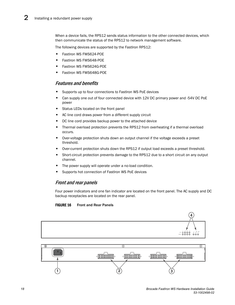 Features and benefits, Front and rear panels | Brocade FastIron WS Hardware Installation Guide User Manual | Page 28 / 74