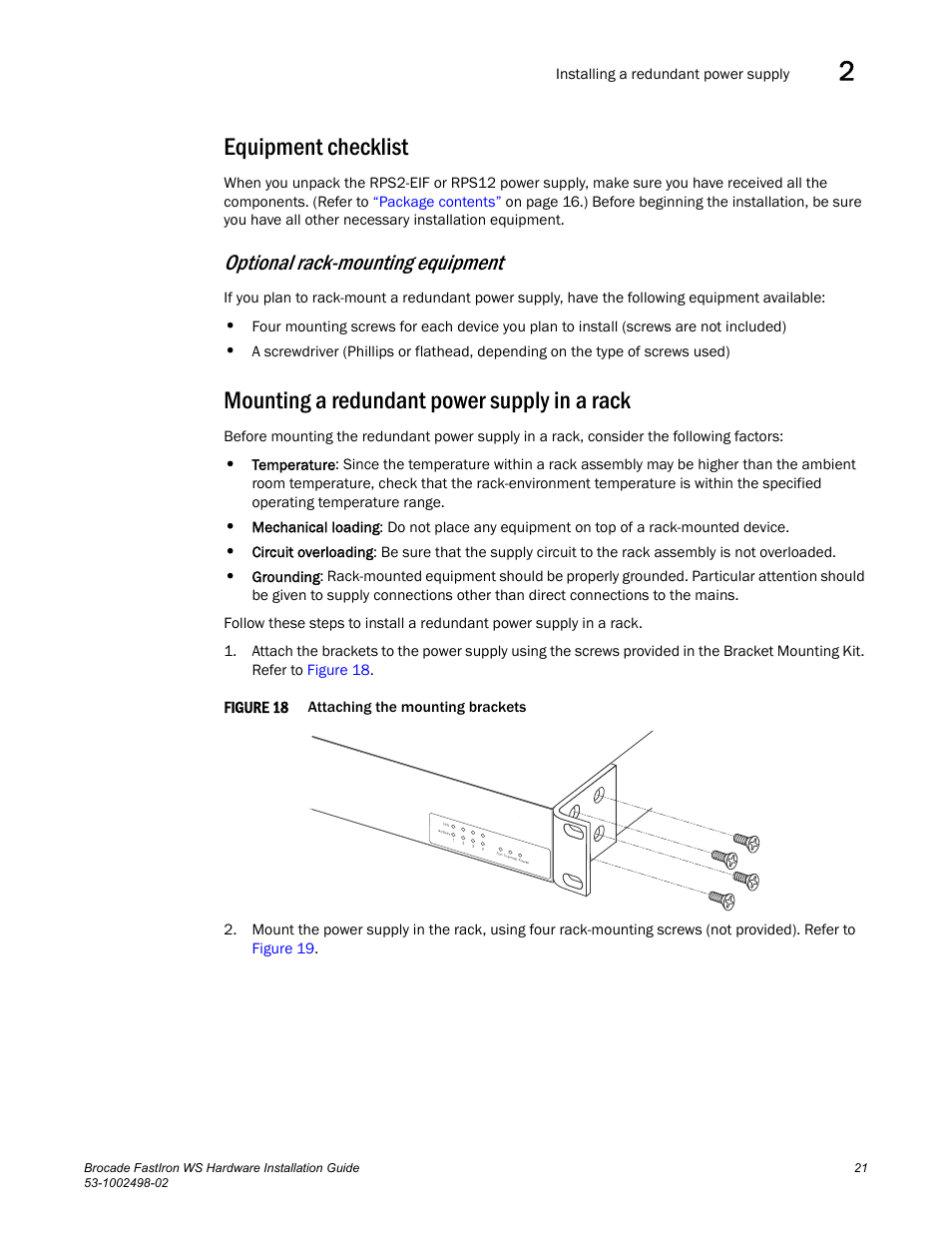 Equipment checklist, Mounting a redundant power supply in a rack, Optional rack-mounting equipment | Brocade FastIron WS Hardware Installation Guide User Manual | Page 31 / 74